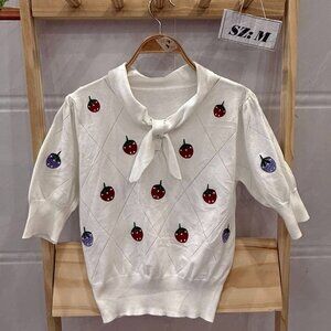 White Strawberry Embroidered Argyle Knit Tie Neck Top